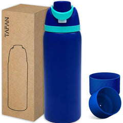 Insulated Stainless Steel double wall Water Bottle with Straw for Sports and Travel, BPA-Free, with Anti-Slip Bottom Protective boot, 1000ML. Blue.