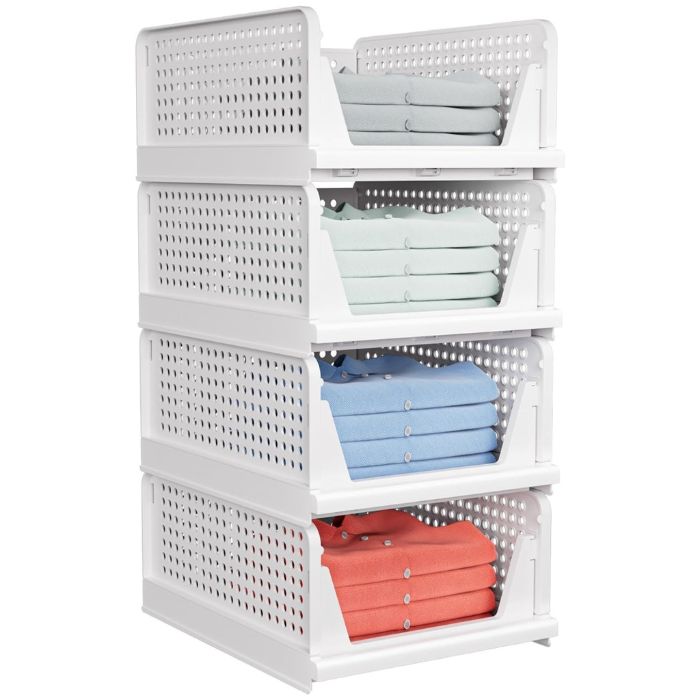 4-Pack Foldable Closet Organizers and Storage Bins – Stackable Plastic Storage Baskets, Drawer Shelf Containers for Bedroom, Kitchen, Bathroom, and Cupboard Organization.